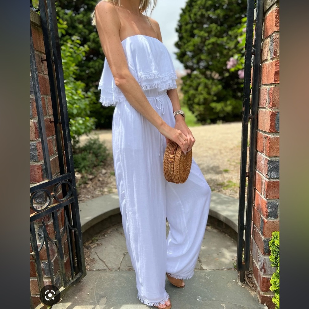 Altar’d State All the Fringe Strapless Linen Jumpsuit in White Size Small